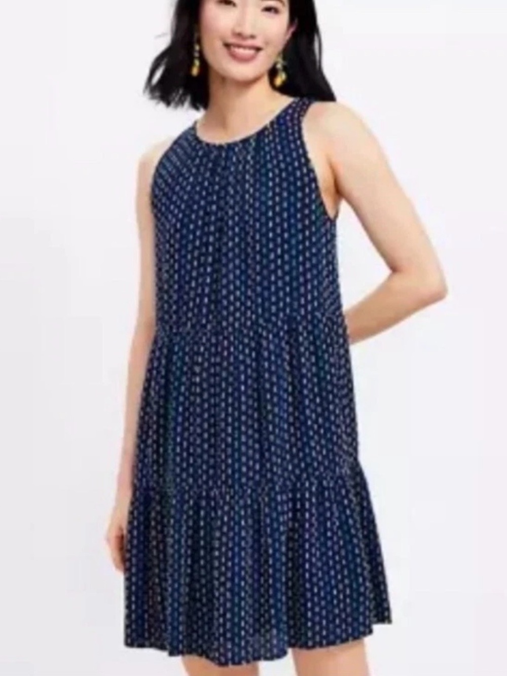 LOFT Navy Clip Dot Sleeveless Tiered Swing Dress